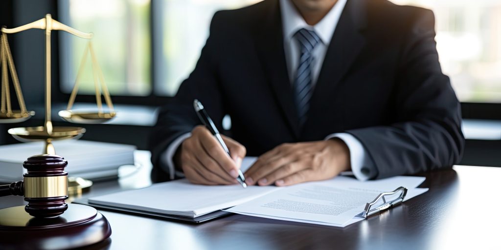 lawyer working with contract papers and gavel on table in office